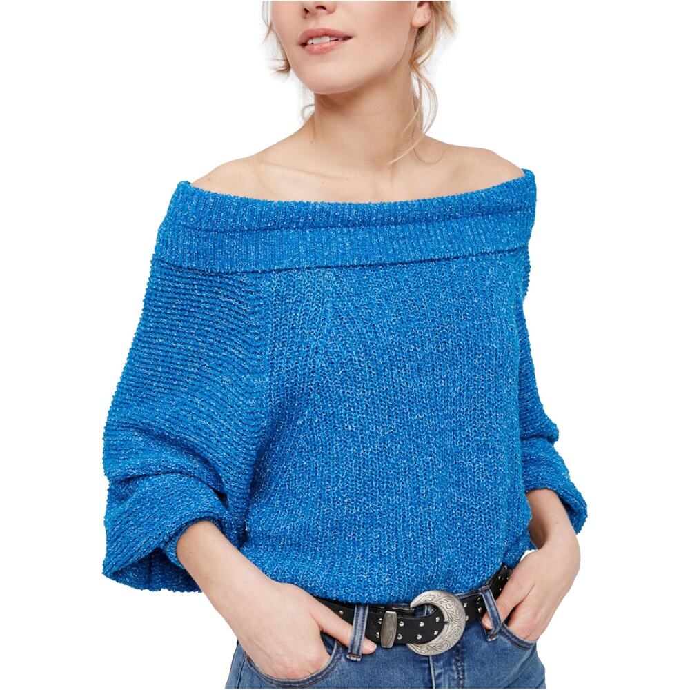 Free People Edessa Off the Shoulder‎ Blue Pullover Balloon Sleeve Knit Sweater M